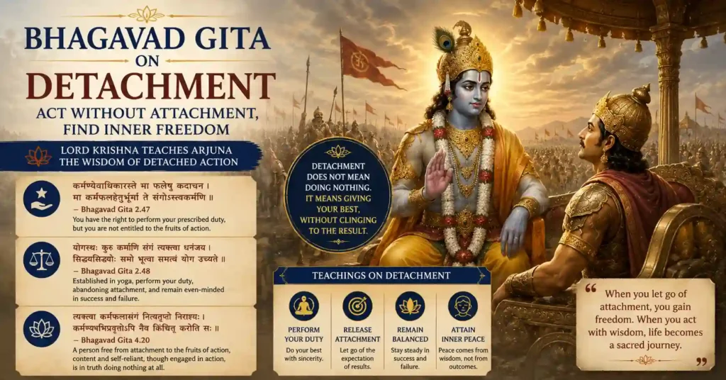 Lord Krishna teaching Arjuna about detachment in the Bhagavad Gita on the battlefield of Kurukshetra