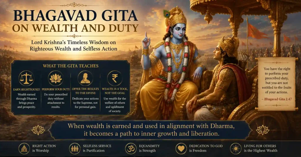 Lord Krishna teaching Arjuna on the battlefield of Kurukshetra about duty, wealth, and selfless action in the Bhagavad Gita