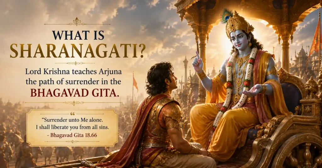 Lord Krishna teaching Arjuna about surrender and duty in the Bhagavad Gita