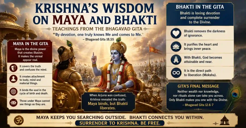 Lord Krishna teaching Maya and Bhakti to Arjuna in the Bhagavad Gita