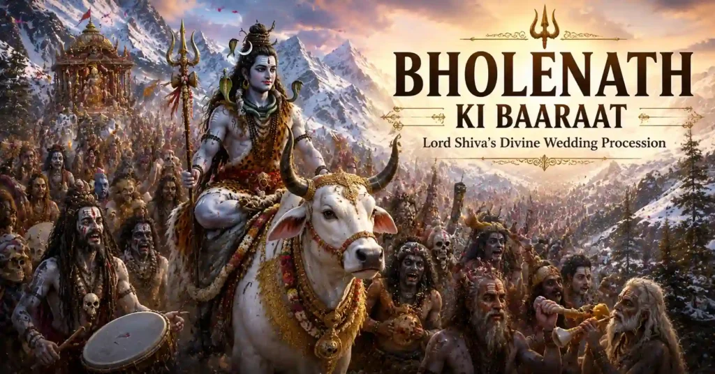 Bholenath Ki Baarat with Lord Shiva riding Nandi and surrounded by ganas, sages, and celestial beings during Shiv Parvati Vivah