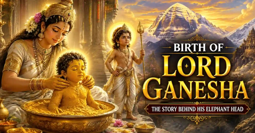 Goddess Parvati creating Lord Ganesha from sacred turmeric paste during the Birth of Lord Ganesha on Mount Kailash