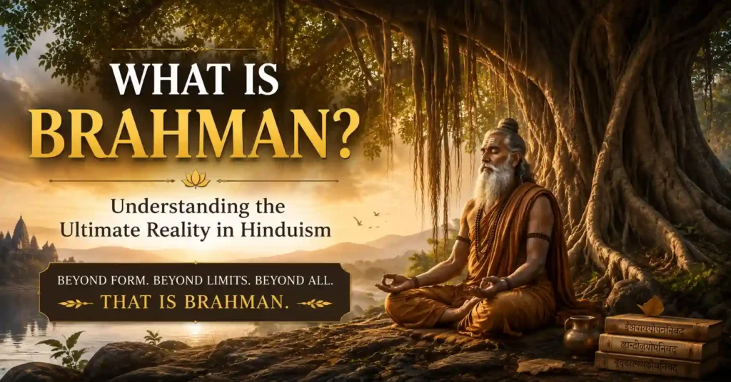 Ancient rishi meditating beneath a banyan tree contemplating ultimate truth