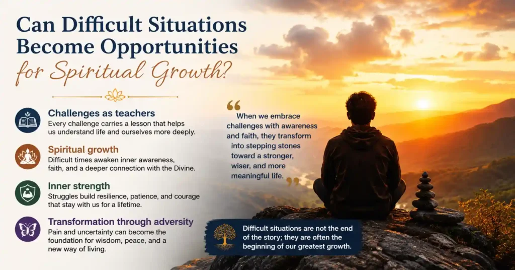 Person meditating at sunrise reflecting on how difficult situations can become opportunities for spiritual growth, inner strength, and transformation through adversity in Sanatan Dharma.