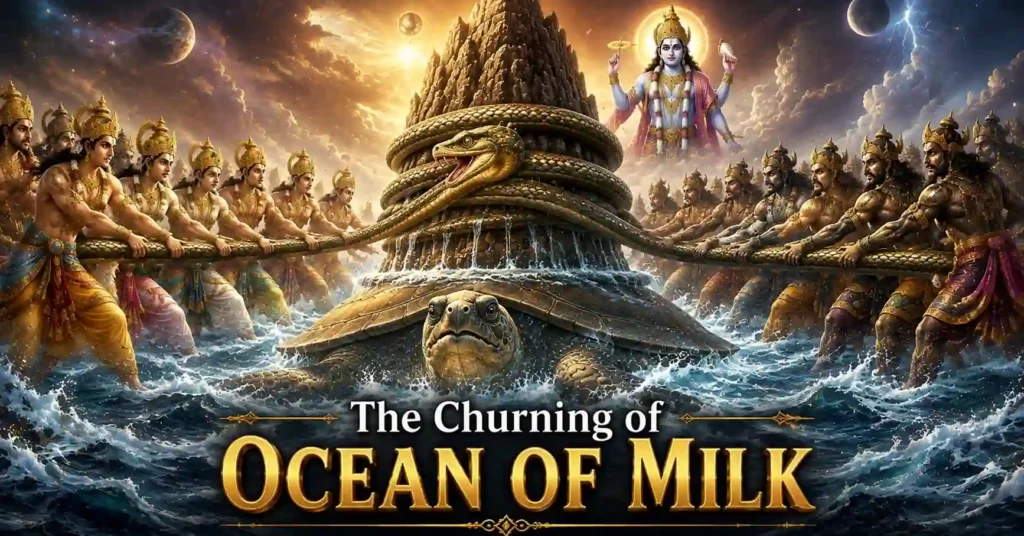 Devas and asuras performing Samudra Manthan using Mount Mandara and Vasuki while Lord Vishnu's Kurma Avatar supports the mountain