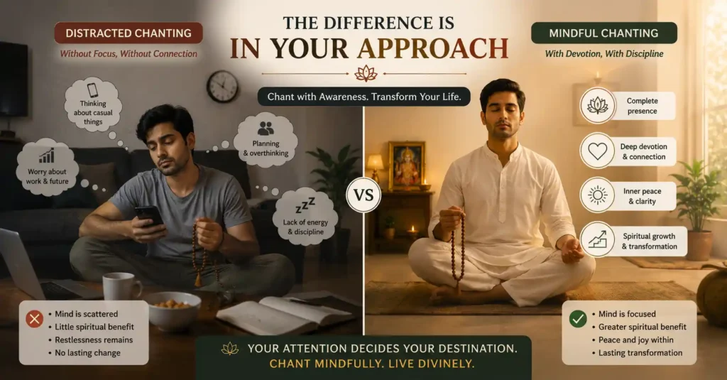 Comparison of distracted mantra chanting and focused devotional chanting with discipline and awareness