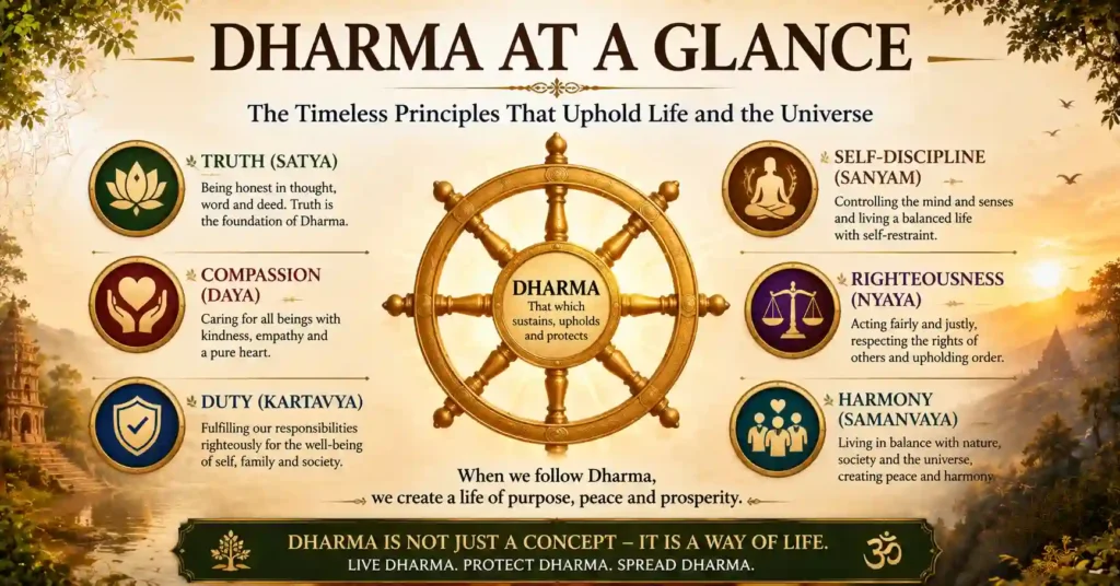 Core principles of Dharma including truth, duty, compassion, and harmony