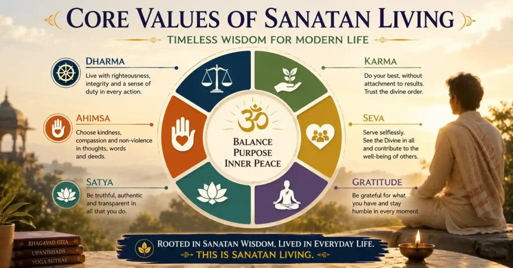Core values of Sanatan Living including Dharma, Karma, Seva, Satya, Ahimsa and Gratitude