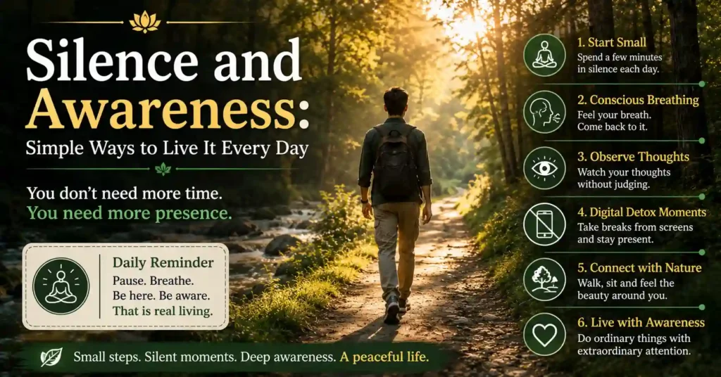 Person walking mindfully through a forest path demonstrating simple daily practices for silence and awareness.