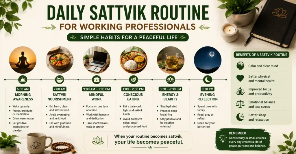 Daily Sattvik Routine timeline for working professionals with morning habits, mindful work, conscious eating and better sleep