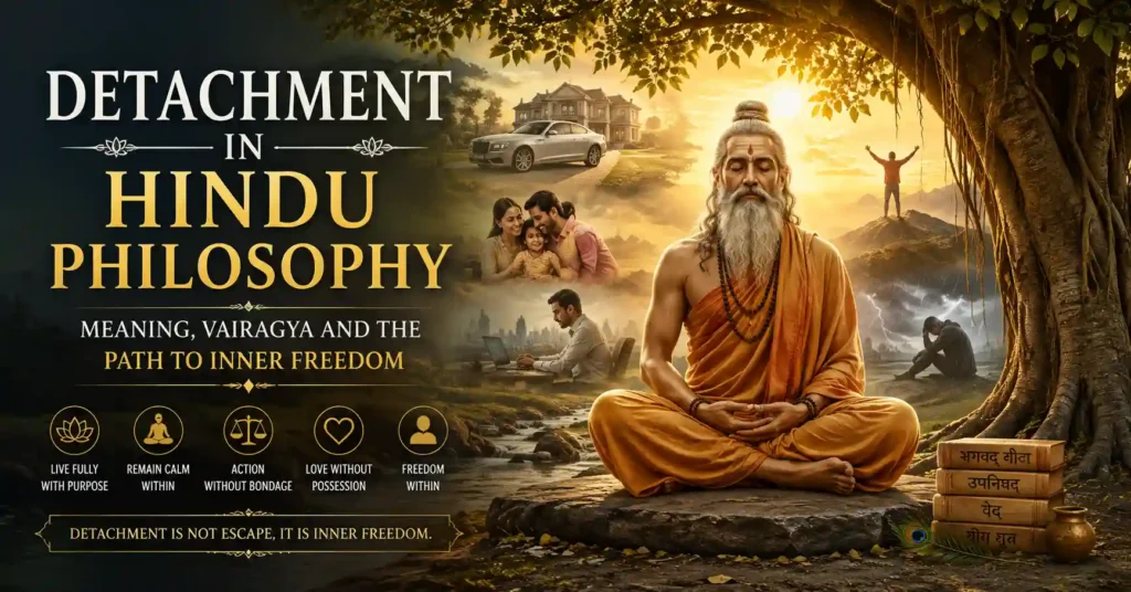 Illustration of Detachment in Hindu Philosophy showing a peaceful sage remaining calm amid changing life circumstances