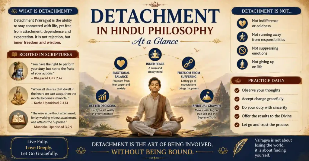 Infographic summarizing the meaning, benefits, scriptural teachings, and daily practice of Detachment in Hindu Philosophy