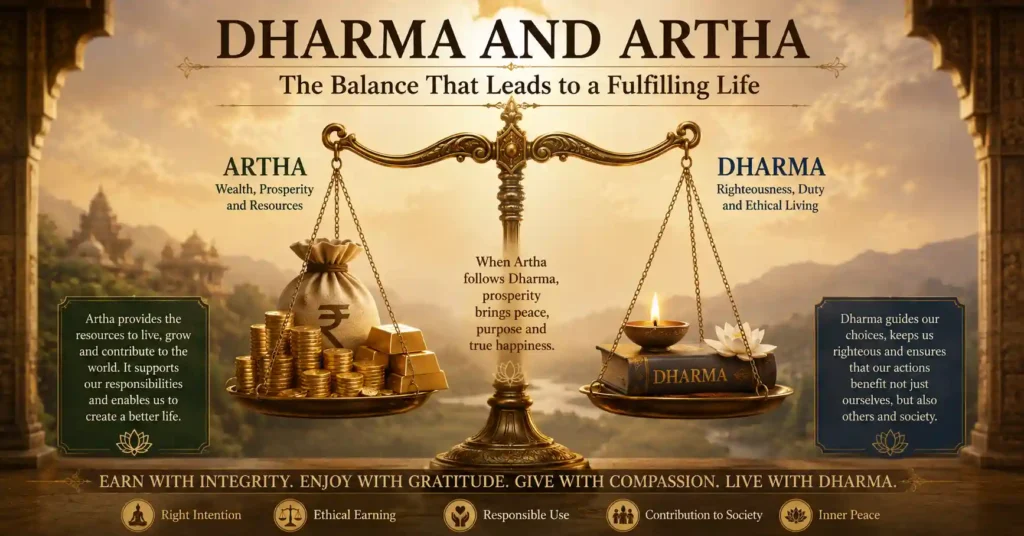 Symbolic balance scale showing the relationship between Dharma and Artha in Sanatan Dharma