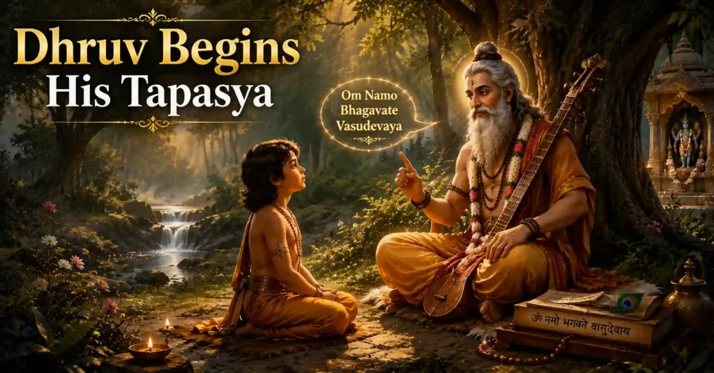 Young Dhruv performing intense tapasya in the forest after receiving guidance from Sage Narada