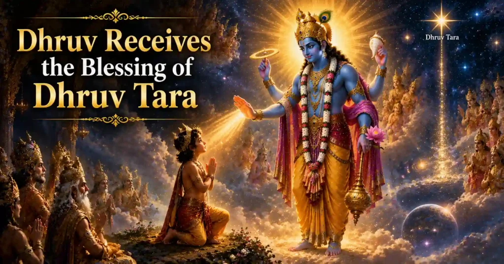Lord Vishnu blessing Prince Dhruv with the eternal position of Dhruv Tara in the heavens