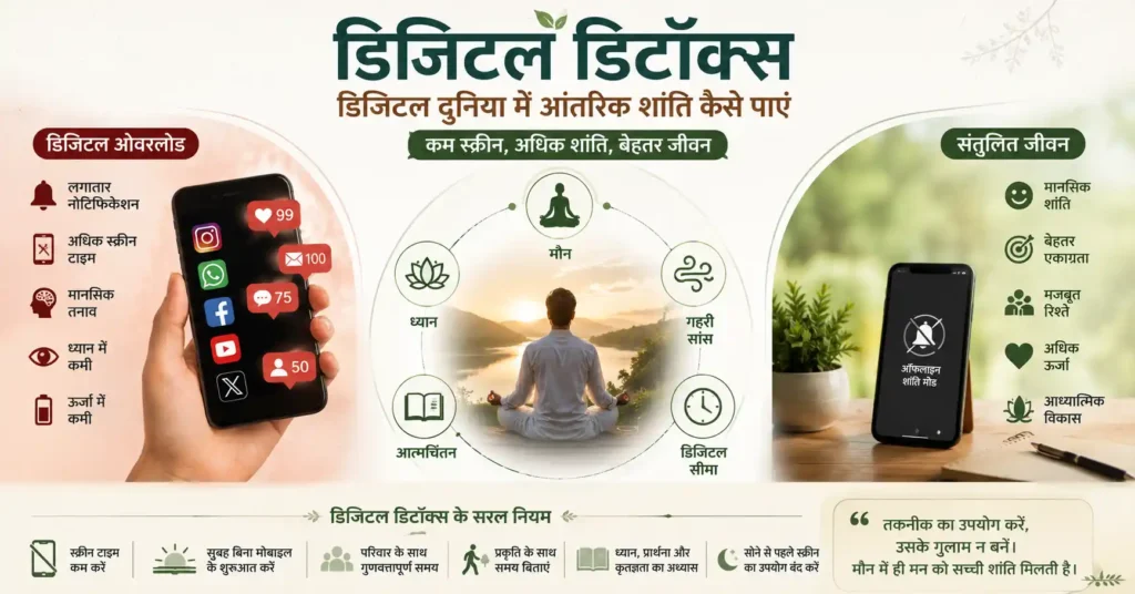 डिजिटल डिटॉक्स और मानसिक संतुलन दर्शाता इन्फोग्राफिक