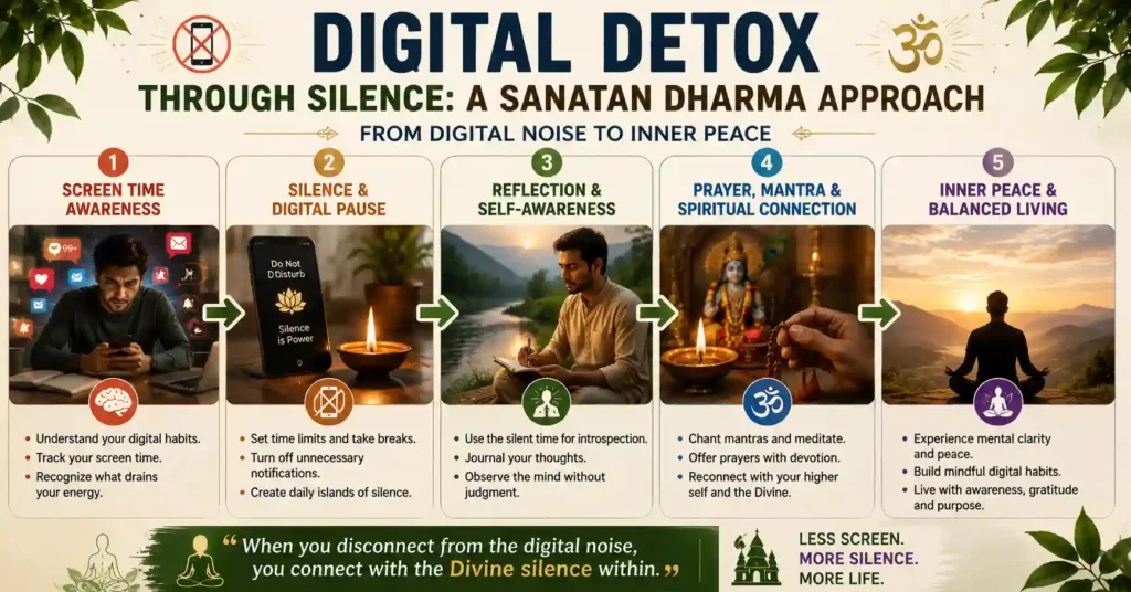 Infographic showing how digital detox through silence leads to inner peace and spiritual growth