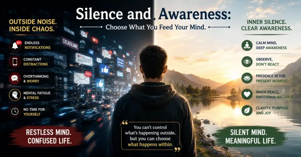 Split image showing digital distractions on one side and inner silence on the other, illustrating the connection between silence and awareness.