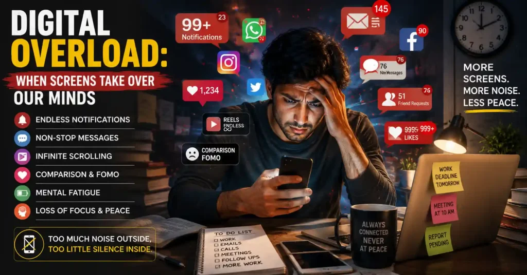 Person overwhelmed by smartphone notifications and digital distractions in modern life