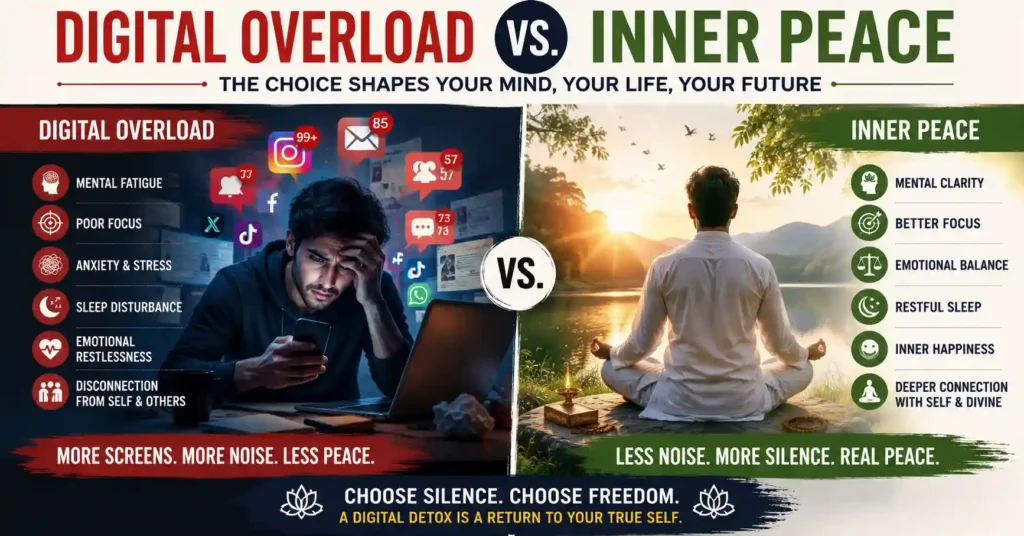 Infographic comparing digital overload and constant notifications with inner peace and silence