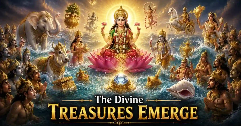 Goddess Lakshmi, Airavata, Kamadhenu and other divine treasures emerging from the Ocean of Milk during Samudra Manthan