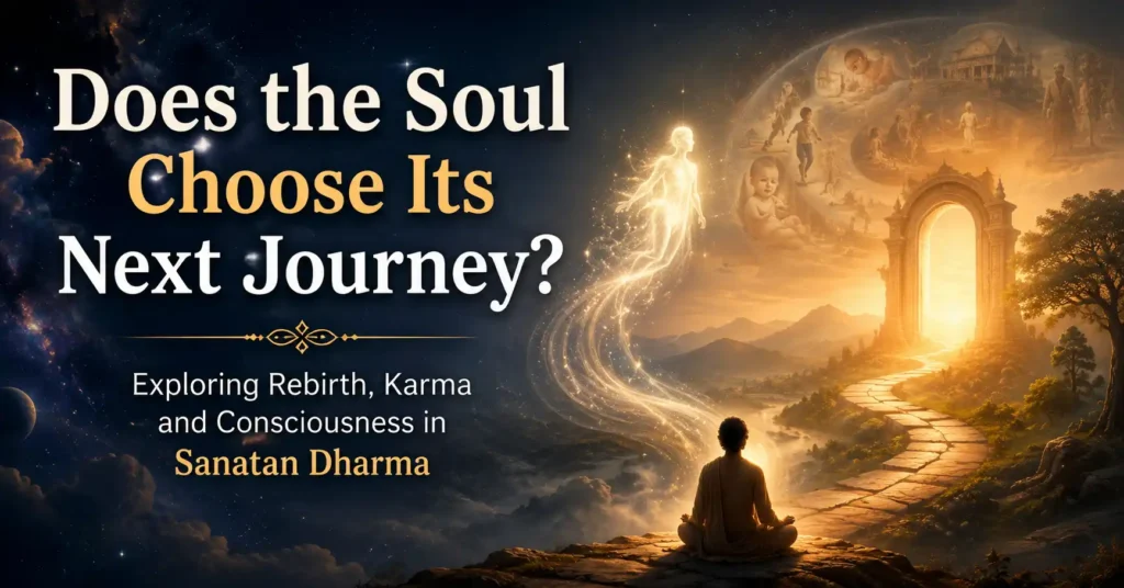 Illustration showing the soul's journey through rebirth, karma and consciousness in Sanatan Dharma.