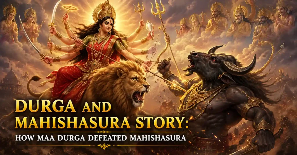 Maa Durga riding a lion and confronting Mahishasura in the Durga and Mahishasura Story