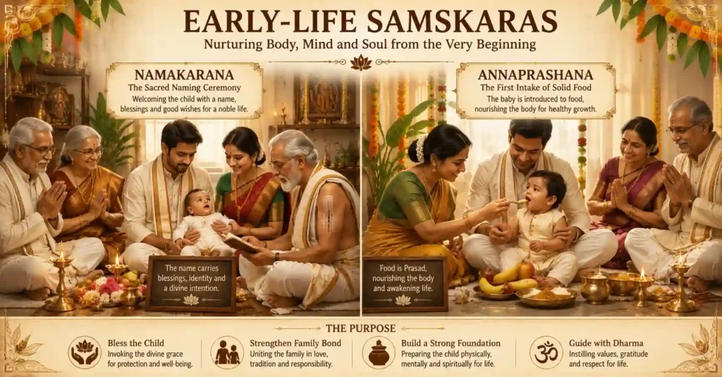 Traditional Hindu family performing Namakarana and Annaprashana Samskaras for a child with blessings from elders