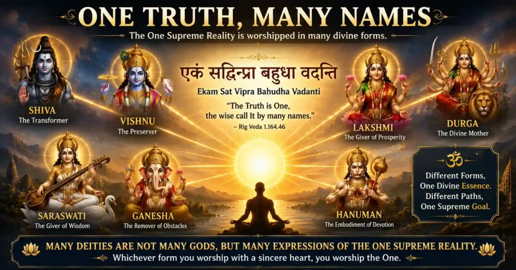 Rig Veda teaching 'Ekam Sat Vipra Bahudha Vadanti' showing one Supreme Reality worshipped through many divine forms.