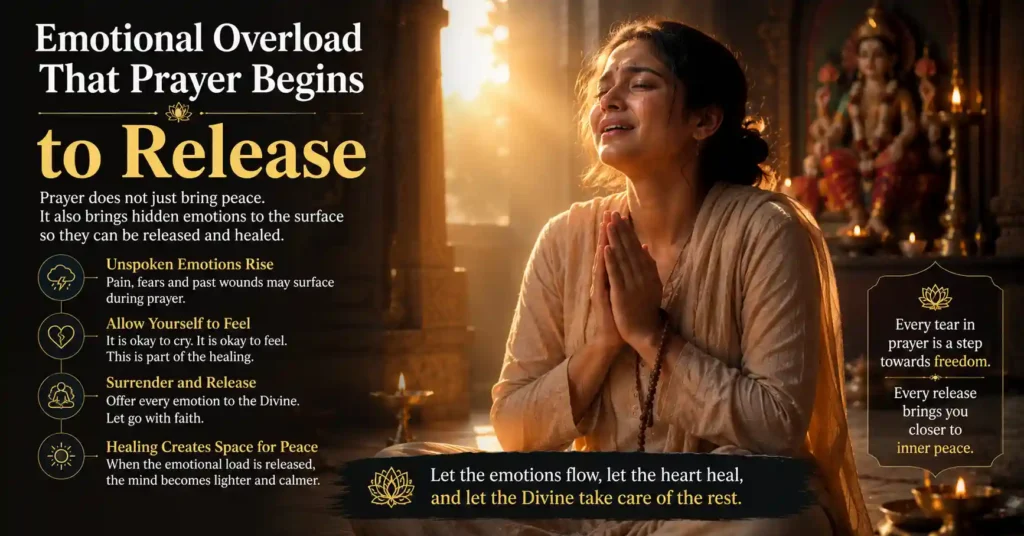 Devotee experiencing emotional release during prayer, symbolizing healing, surrender, and the gradual calming of spiritual restlessness.