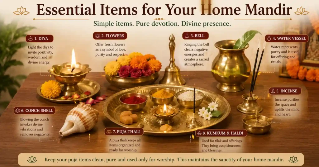 Essential puja items for a home mandir including diya, flowers, bell, water vessel and puja thali