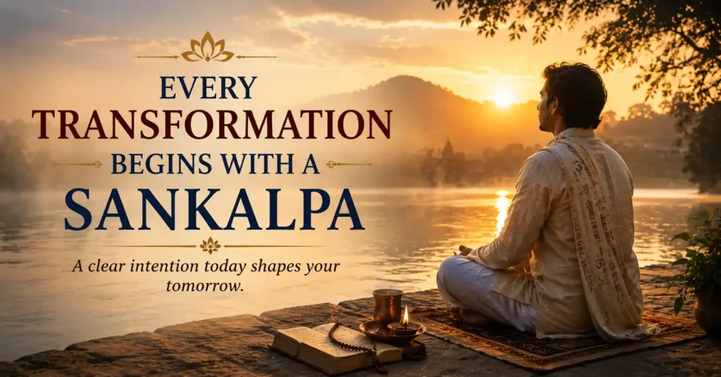 Devotee reflecting at sunrise showing how a Sankalpa can inspire personal growth and inner transformation