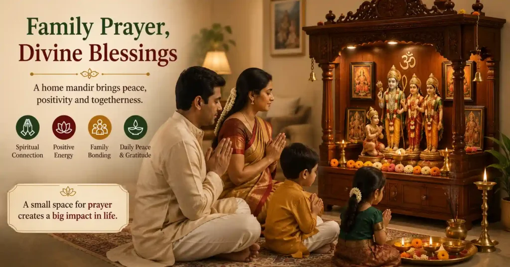 Indian family praying together at a home mandir during daily worship
