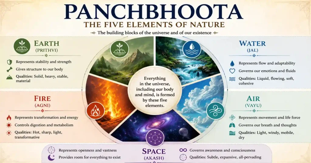 Infographic explaining the five elements of Panchbhoota and their spiritual meanings in Sanatan Dharma
