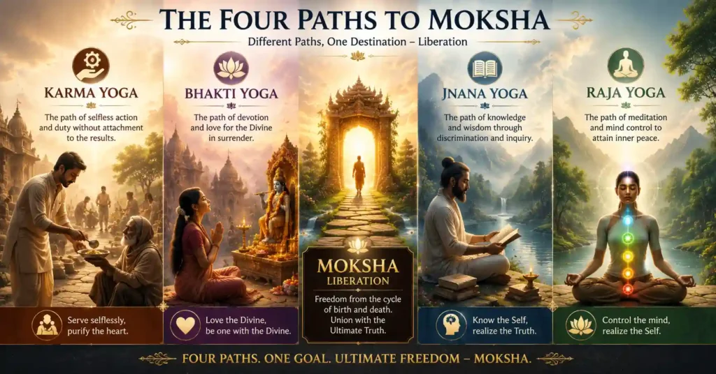 Four traditional paths to Moksha through Karma Yoga, Bhakti Yoga, Jnana Yoga and Raja Yoga