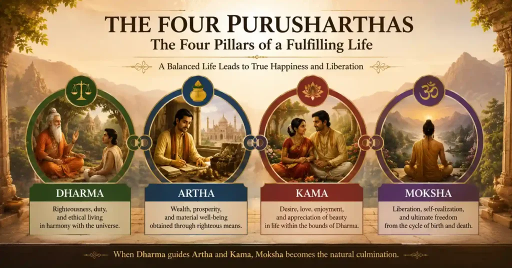 Visual representation of Dharma, Artha, Kama, and Moksha as the four interconnected goals of life in Hindu philosophy