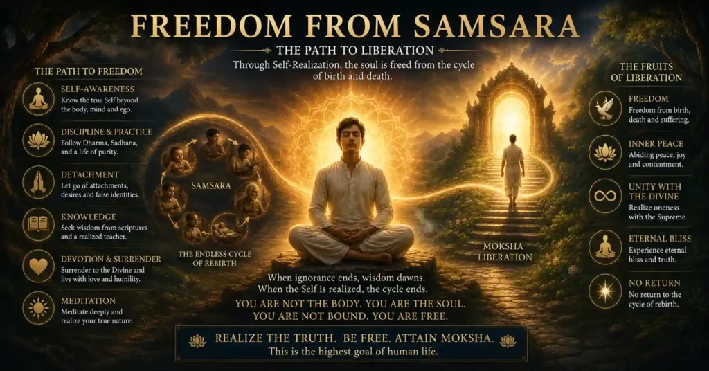 Spiritual path to freedom from Samsara and attainment of Moksha