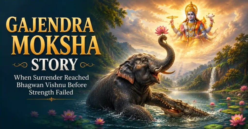 Gajendra Moksha Story where Bhagwan Vishnu rescues Gajendra the elephant king from a crocodile