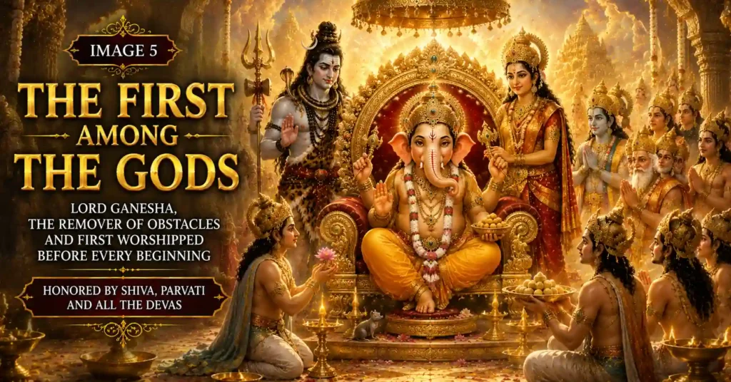 Lord Ganesha seated on a divine throne as the devas honor Him as the first worshipped deity