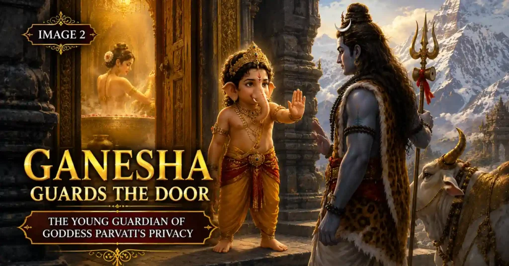 Young Lord Ganesha guarding Parvati's chamber as Lord Shiva arrives at Mount Kailash