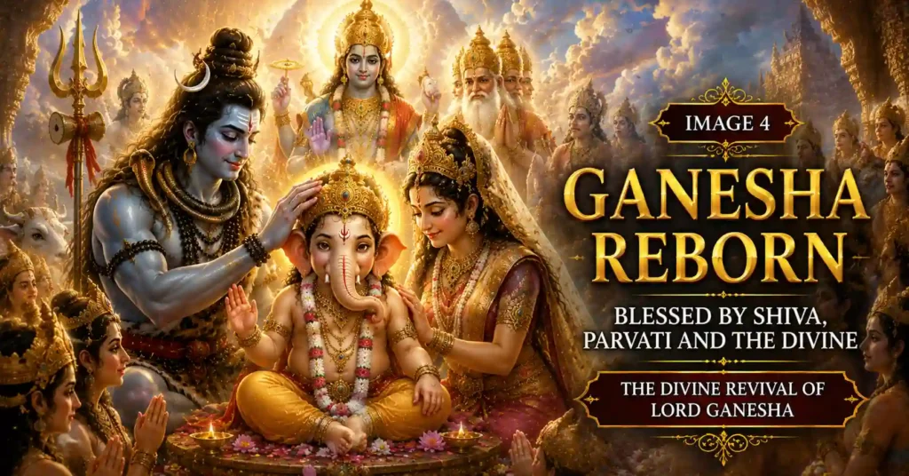 Lord Ganesha revived with an elephant head as Shiva and Parvati bless Him before the assembled devas