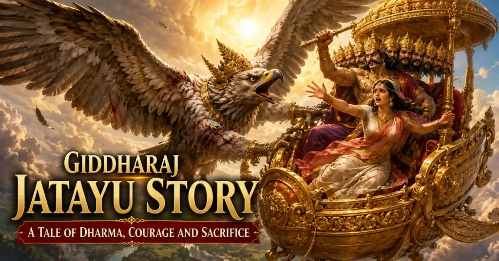 Giddharaj Jatayu Story showing Jatayu fighting Ravana in the sky while protecting Sita during the Ramayana