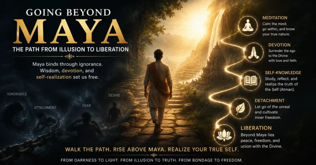 Spiritual seeker walking from darkness toward light representing the path beyond Maya through spiritual practice
