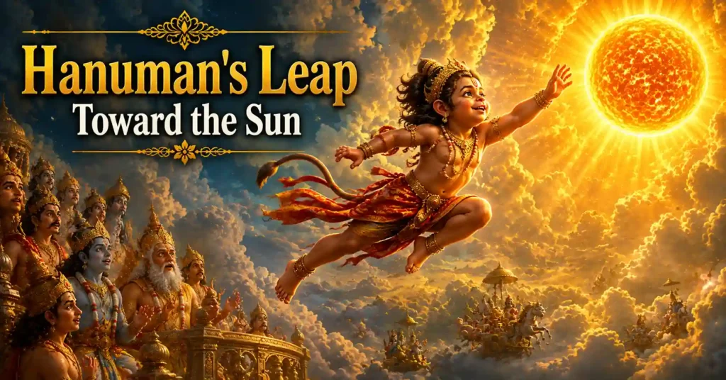 Young Hanuman making a giant leap across the sky toward Surya Dev in the Hanuman and the Sun Story