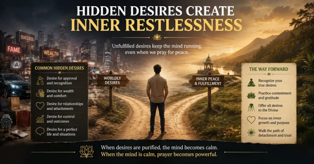 Individual standing between worldly desires and spiritual peace, illustrating how hidden desires can create spiritual restlessness.
