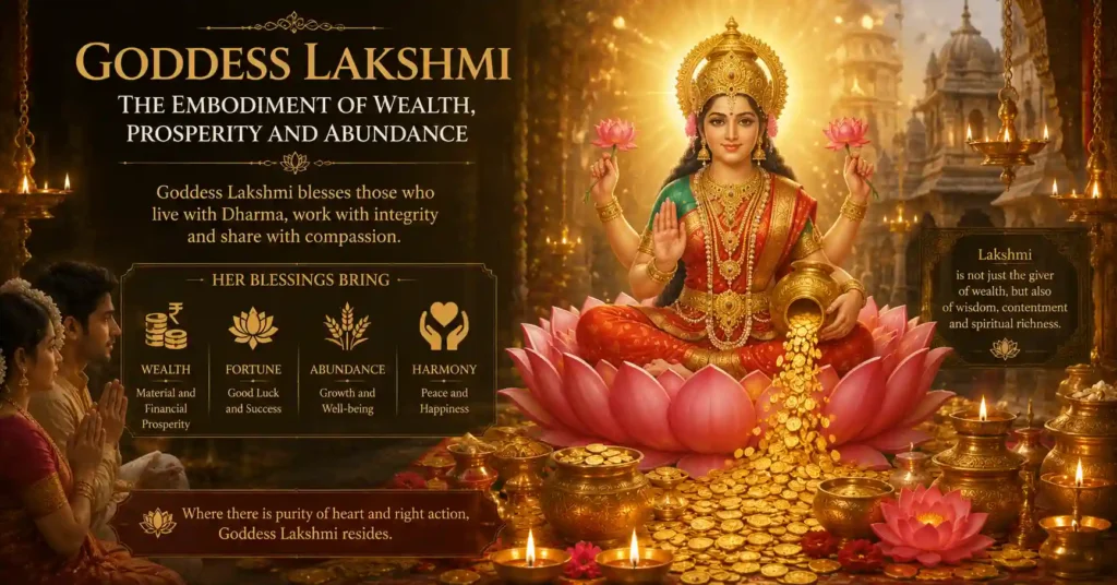 Goddess Lakshmi blessing devotees with prosperity, abundance, and wealth guided by Dharma