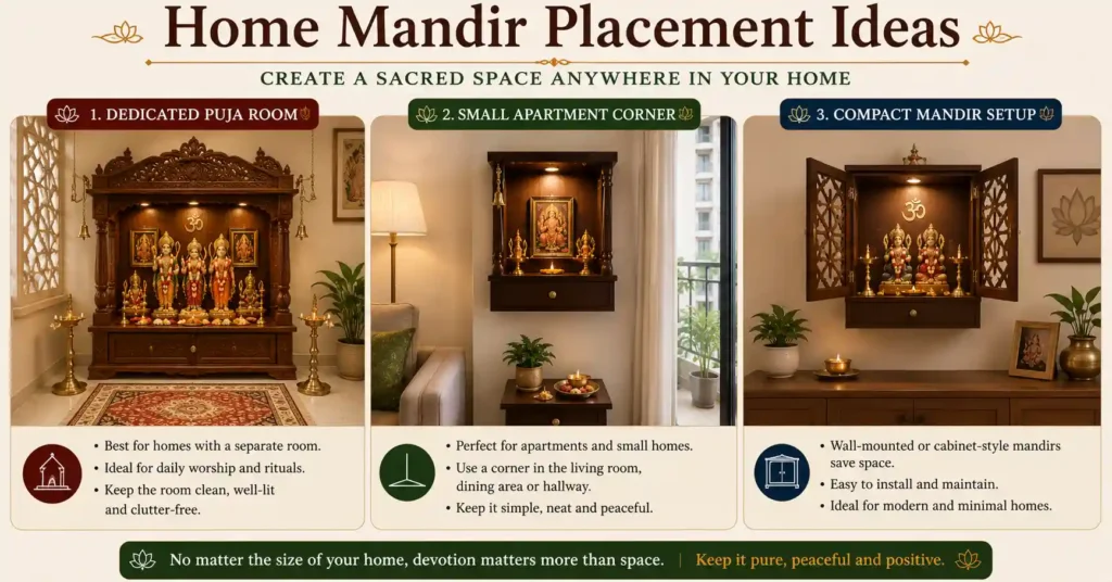Home mandir placement ideas for a dedicated puja room, apartment corner and compact home setup