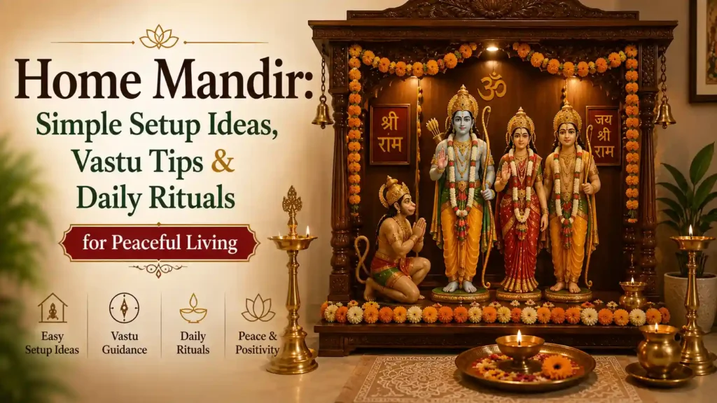 Simple home mandir setup with diya, flowers and traditional Hindu worship items