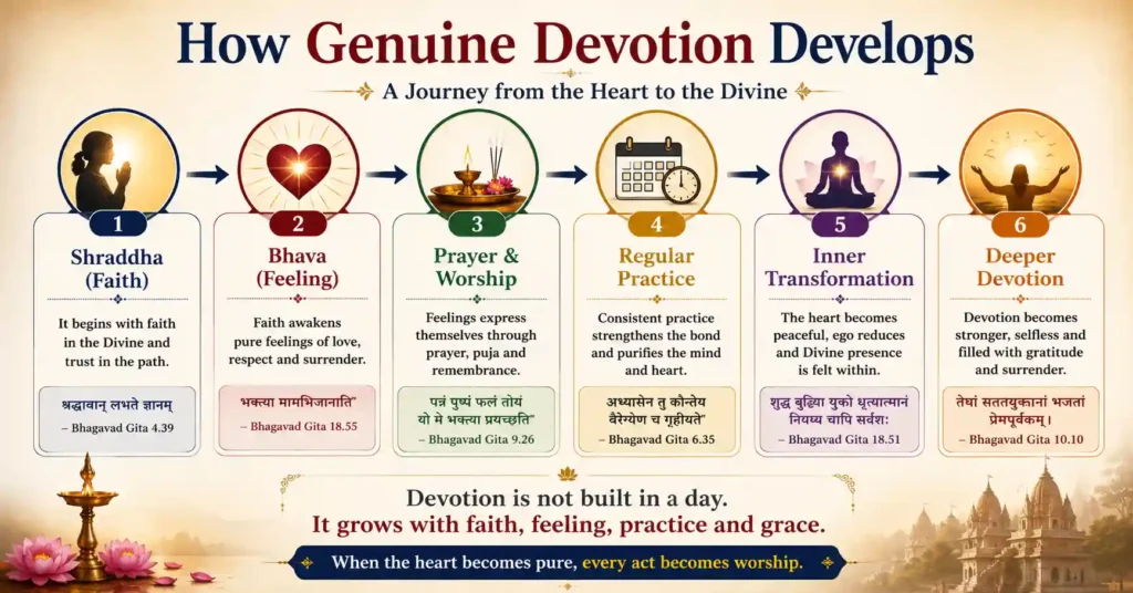 Infographic illustrating how genuine devotion develops in Sanatan Dharma through Shraddha, Bhava, prayer, regular practice, inner transformation, and deeper devotion.