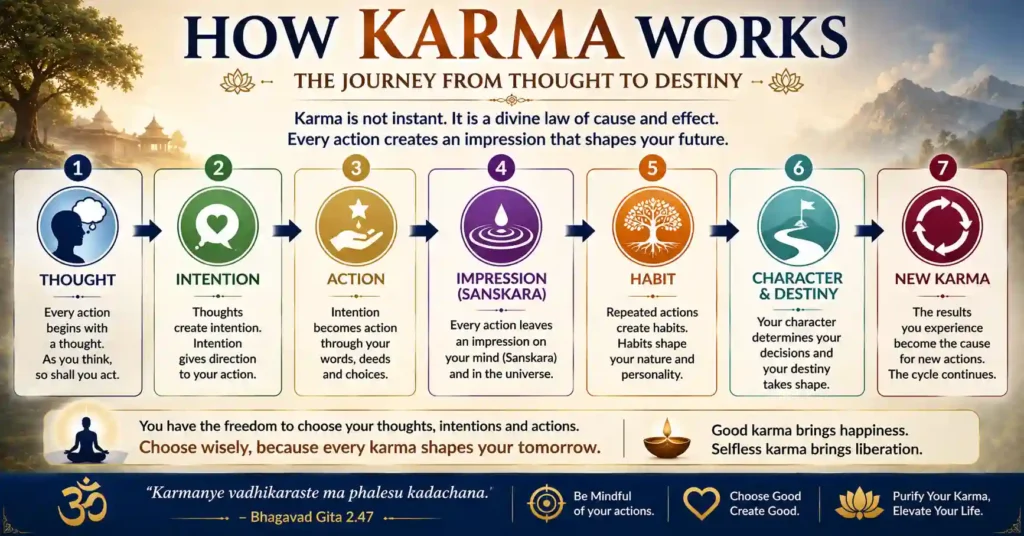 Flowchart showing how Karma works from thought and intention to action and destiny.